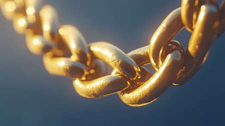 A detailed close-up view of shiny golden chain links gleaming in natural light. The soft background enhances the metallic texture, symbolizing strength and luxury.の素材