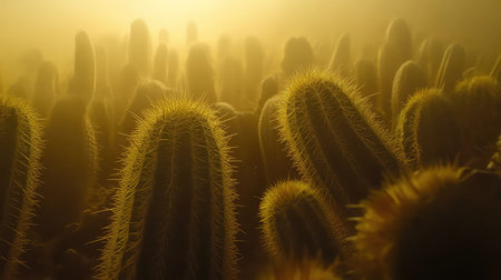 A stunning display of cacti in a desert landscape, bathed in warm golden light. This image captures the beauty and uniqueness of desert flora, showcasing the intricate textures and shapes of spiky plants. Ideal for nature and travel themes.の素材
