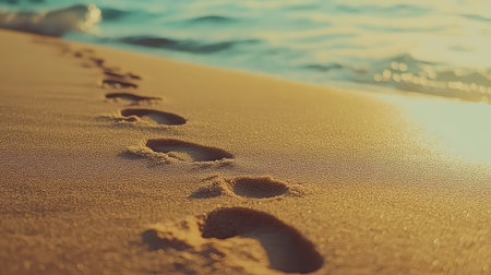 A serene beach scene featuring footprints trailing along a sandy shore, bathed in warm sunset light. Perfect for conveying tranquility and relaxation.の素材