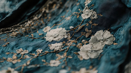 This image showcases exquisite floral embroidery on a rich blue fabric, highlighting intricate details and craftsmanship. Perfect for textile-themed designs.の素材