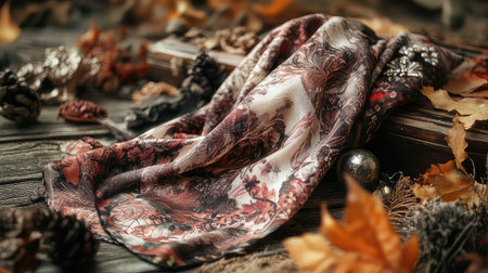 This image showcases an elegant fabric draped stylishly over a wooden surface, surrounded by autumn leaves and natural elements, creating a warm ambiance.の素材