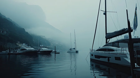 A tranquil scene of yachts docked in a harbor, enveloped in morning mist, with lush mountains rising in the background, creating a peaceful atmosphere.の素材