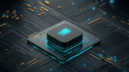 A visually striking representation of a microprocessor set against a circuit board background. The glowing neon accents highlight the intricate details of advanced computing technology, symbolizing innovation and the future of electronics.の素材