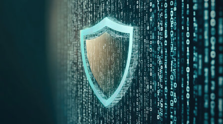 A digital security shield graphic set against a backdrop of binary code, symbolizing data protection and cybersecurity in the digital age.の素材