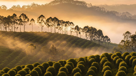 A breathtaking view of tea gardens during sunrise, showcasing rolling hills covered in mist, silhouetted trees, and a tranquil atmosphere.の素材