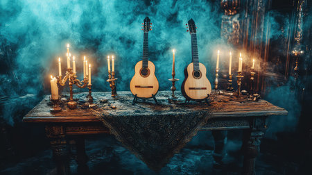 A captivating scene showcasing two elegant acoustic guitars on an antique table surrounded by flickering candles and a mysterious fog, creating an enchanting atmosphere.の素材