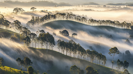 Captivating landscape featuring early morning fog enveloping lush green hills and delicate tree lines, evoking a sense of tranquility and natural beauty.の素材