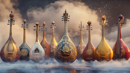 A stunning collection of traditional string instruments showcases intricate designs surrounded by a mystical fog and warm golden light, highlighting cultural beauty.の素材