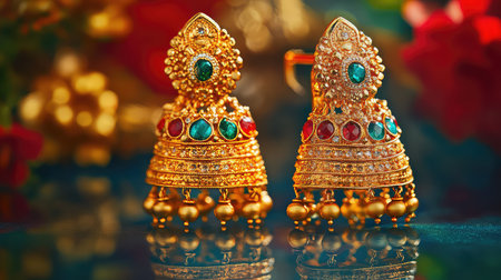 Discover a stunning pair of elegant golden earrings adorned with colorful gemstones. The intricate design showcases exquisite craftsmanship and timeless beauty.の素材