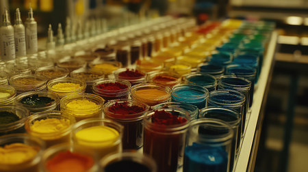 A bright studio filled with an array of colorful pigments displayed in transparent jars, perfect for artists and crafters seeking vibrant design inspiration.の素材