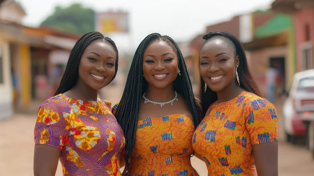 Three cheerful women stand side by side, showcasing colorful traditional outfits in an outdoor setting. Their bright smiles and camaraderie reflect cultural vibrancy and community spirit.の素材