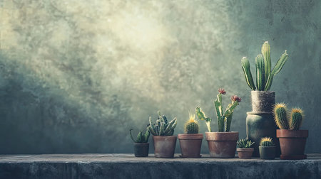 A beautiful arrangement of various cacti displayed in earthen pots on a rustic surface, complemented by a soft light background that enhances the natural beauty.の素材