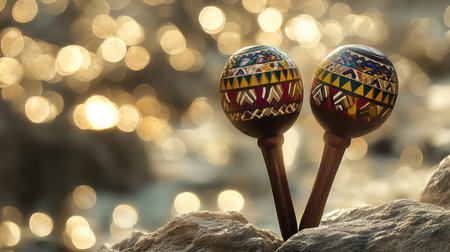 This image features two vibrant maracas resting on a textured surface, surrounded by a dazzling bokeh backdrop that enhances their colorful designs.の素材