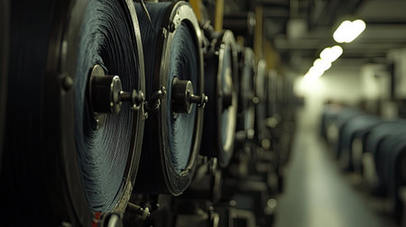 A close-up view of spools of blue thread in an industrial textile manufacturing facility, showcasing the intricate workflow of fabric production.の素材