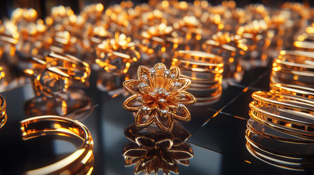 This captivating image features a golden flower ring at the forefront, surrounded by a dazzling array of shimmering rings on a dark, reflective surface, showcasing elegance and craftsmanship.の素材