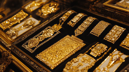 An exquisite showcase of stunning gold jewelry featuring intricate designs and sparkling details, perfect for anyone seeking an elegant and luxurious item.の素材