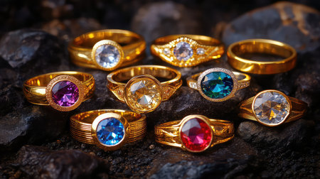 A captivating collection of golden rings adorned with vivid gemstones resting on dark rocks, showcasing elegance and style in jewelry design. Perfect for fashion lovers!の素材