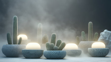 A captivating arrangement of cactus plants in textured planters featuring glowing spheres, creating a soothing environment enhanced by gentle mist and dramatic lighting.の素材