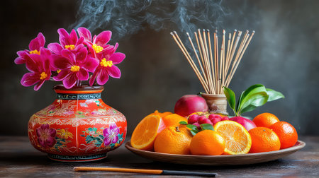 A stunning still life composition featuring vibrant pink flowers, an array of fresh citrus fruits, and aromatic incense, creating a serene indoor atmosphere.の素材