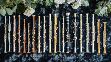 A captivating collection of wooden and metal flutes elegantly arranged on a dark velvet surface, surrounded by fresh greenery and delicate flowers, showcasing beauty and artistry.の素材