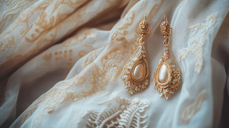 A pair of elegant gold earrings featuring pearls, delicately placed on soft silk fabric with intricate embroidery, reflecting luxury and sophistication.の素材