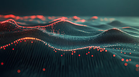 This image presents an abstract view of data waves featuring glowing points, creating a mesmerizing futuristic landscape perfect for technology themes.の素材