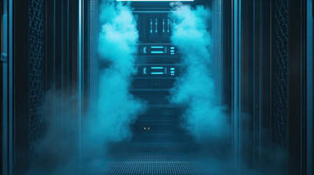 A high-tech data center featuring neon blue lights and swirling smoke, creating a futuristic ambience ideal for technology themes and digital innovation.の素材