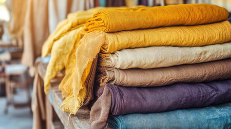 A vibrant collection of handwoven fabrics showcases rich colors and textures in a textile shop, perfect for creative projects and home decor ideas.の素材