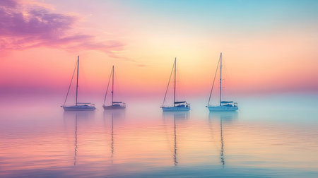 Experience the calm beauty of a tranquil bay at dawn, featuring sailboats gliding gently over still waters. Soft pastel colors create a serene atmosphere.の素材