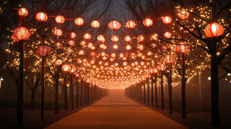 Experience a magical evening stroll down a picturesque walkway illuminated by vibrant lanterns and sparkling lights, creating a serene ambiance.の素材