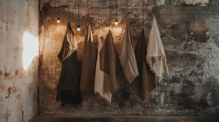 A collection of beautifully textured blankets and throws elegantly displayed on a rustic wall, enhanced by warm lighting, creating a cozy and inviting atmosphere.の素材