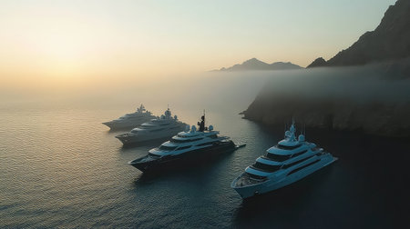 A stunning view of luxury yachts gently anchored in a tranquil bay, framed by misty mountains and a vibrant sunset, perfect for travel inspiration.の素材
