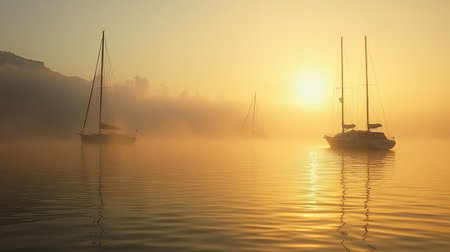 A breathtaking view of sailboats floating peacefully in a misty bay at sunrise, surrounded by golden hues and a serene atmosphere. The fog enhances the tranquil setting.の素材