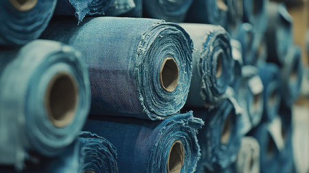 A captivating close-up of neatly stacked rolls of blue denim fabric in a textile warehouse, showcasing texture and material suitable for fashion design.の素材