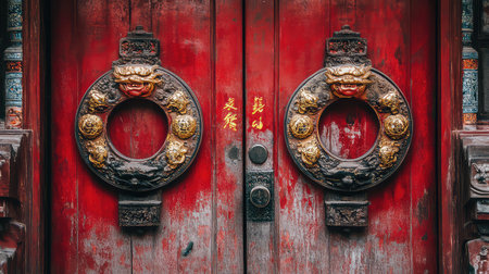 This striking image showcases a vibrant red wooden door adorned with intricate lion knockers, representing cultural heritage and artistic craftsmanship.の素材