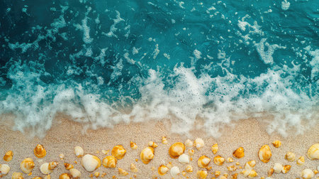 A stunning aerial view of a tranquil beach scene featuring a gentle wave lapping at the shore, adorned with beautiful shells on golden sand.の素材