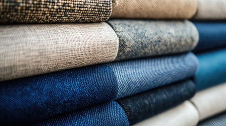 This close-up showcases a stack of fabrics in various shades of gray, blue, and beige, highlighting unique textures and patterns. Perfect for designers.の素材