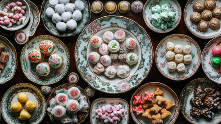 Discover the beauty of a vibrant assortment of festive treats arranged elegantly on exquisite plates, perfect for any celebration or gathering.の素材