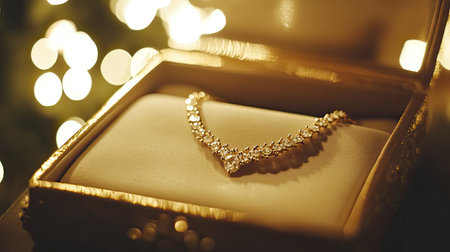 This stunning diamond necklace is beautifully displayed in a luxurious box, surrounded by soft bokeh lights, exuding elegance and charm for every occasion.の素材
