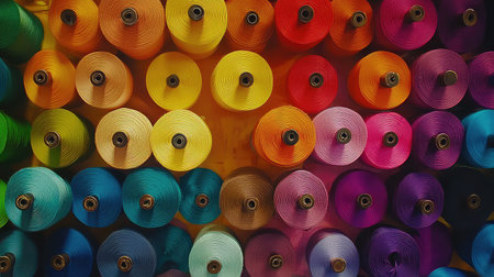 A striking display of vibrant threads and yarn spools arranged in a captivating pattern, ideal for inspiring creativity in sewing and crafting projects.の素材