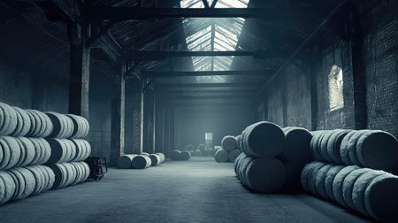 An expansive industrial warehouse features stacks of round straw bales under dramatic lighting, creating an atmospheric and rustic environment.の素材