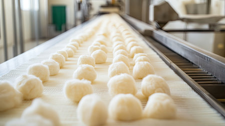 A detailed view of a production line displaying white wool balls in a textile factory, showcasing modern manufacturing and sustainable practices in the textile industry.の素材