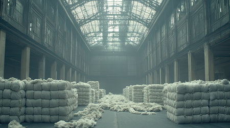 Explore the serene beauty of an abandoned warehouse filled with neatly stacked textile bales, enveloped in a dusty, atmospheric haze.の素材