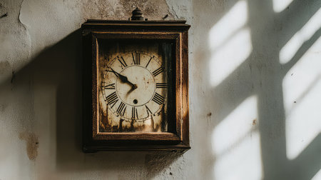 This vintage wall clock showcases a rustic charm with a weathered appearance, perfectly capturing the essence of time and nostalgia in an abandoned room.の素材