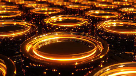 This captivating abstract image features glowing circular elements with bright illuminated surfaces, creating a dynamic and energetic visual experience.の素材