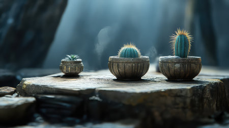 A captivating display of three cacti in decorative pots, captured in soft sunlight with gentle mist, creating a serene atmosphere perfect for interior design inspiration.の素材
