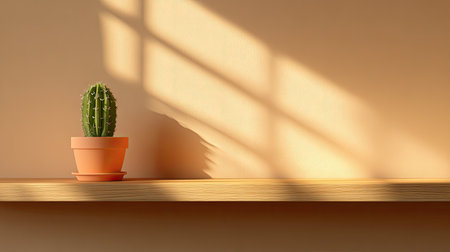 A charming indoor cactus plant sits on a minimalist wooden shelf against a soft, warm-toned wall. The gentle sunlight casts intricate shadows, creating a serene atmosphere perfect for any living space.の素材
