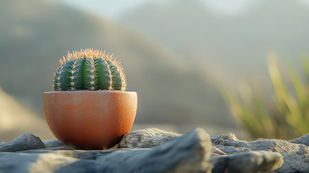 A beautiful close-up view of a green cactus in a terracotta pot, surrounded by natural rocks, highlighting the serene beauty of desert plants in soft light.の素材