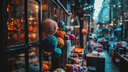 A vibrant scene showcasing colorful yarn balls hanging in a charming shop alleyway. The warm lights and cozy atmosphere create an inviting and artistic setting.の素材