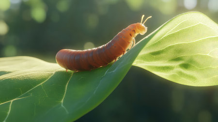 A stunning close-up view of a caterpillar moving gracefully on a green leaf, illuminated by soft sunlight. The lush background enhances the beauty of nature.の素材